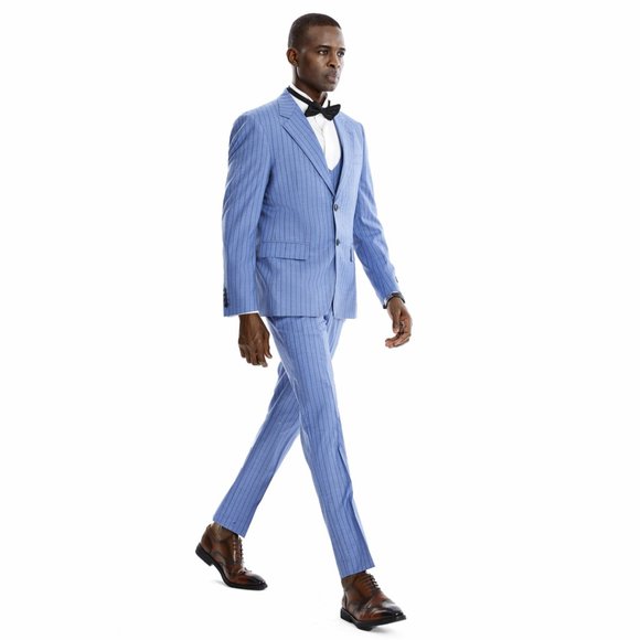 Men's Pinstripe 3-Piece Suit w/ Double Breasted Vest, Smokey Blue - Picture 7 of 9